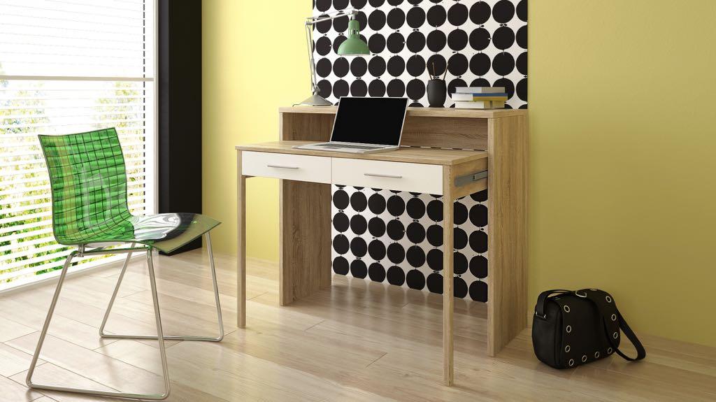 Bureau  Extensible, 2 tiroirs, blanc et chene clair