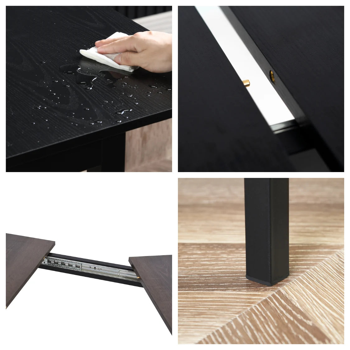 Bari & Karomi - Ensemble repas : table extensible noire 4 à 6 personnes et 4 chaises industrielles en tissu vert