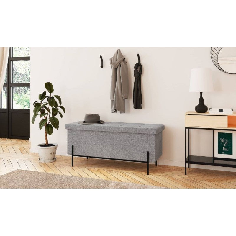 Banc coffre avec pieds noirs Loan en tissu gris 100cm