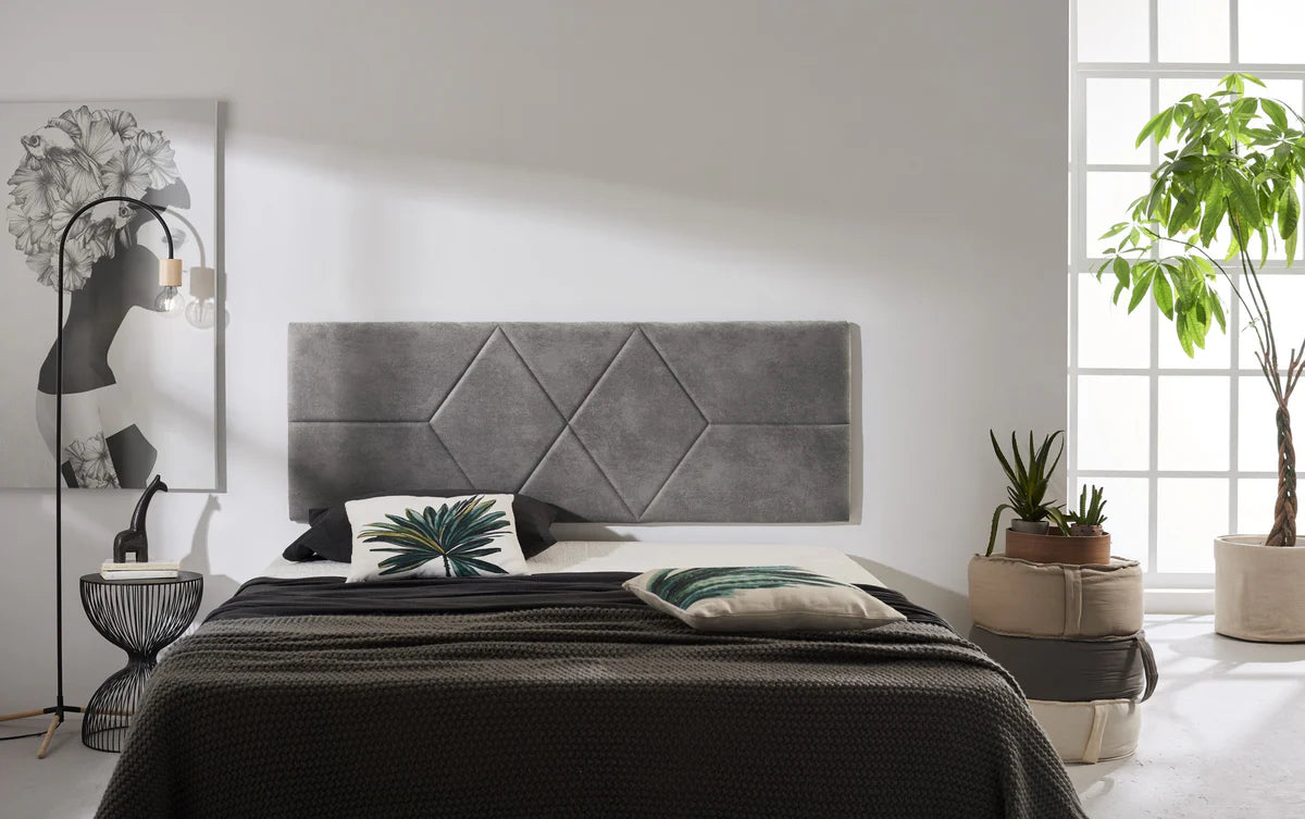 Tête de lit suspendue rembourrée en tissu - Grise - Motif 2 losanges