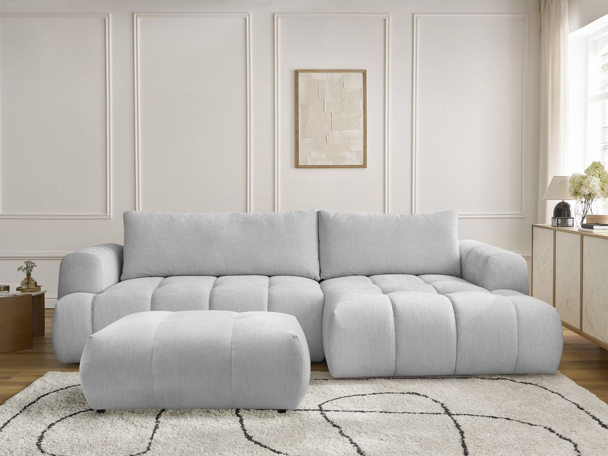 Canapé d'angle convertible FUJI tissu lisse avec pouf - Angle droit