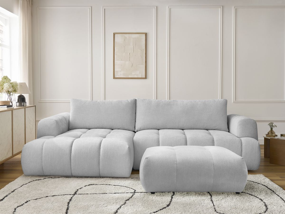 Canapé d'angle convertible FUJI tissu lisse avec pouf - Angle gauche