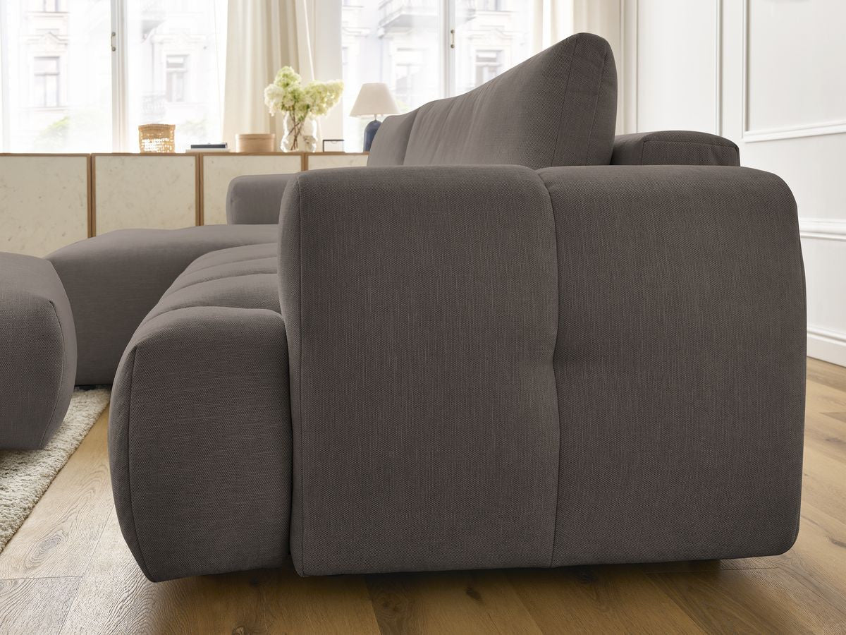 Canapé d'angle convertible FUJI tissu lisse avec pouf - Angle gauche