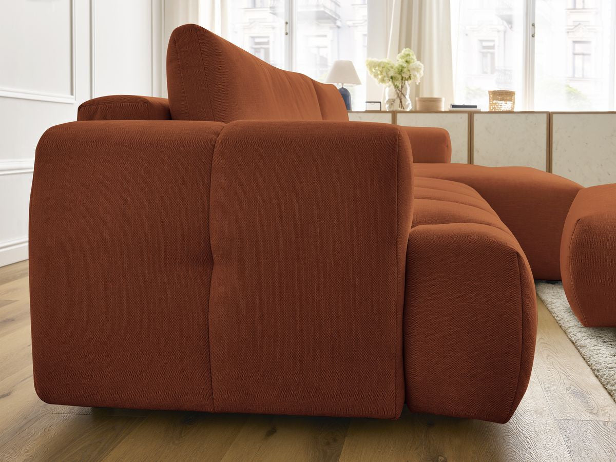 Canapé d'angle convertible FUJI tissu lisse avec pouf - Angle droit