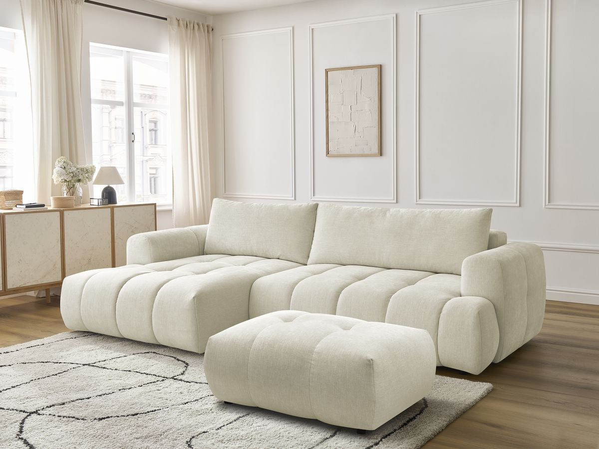 Canapé d'angle convertible FUJI tissu lisse avec pouf - Angle gauche