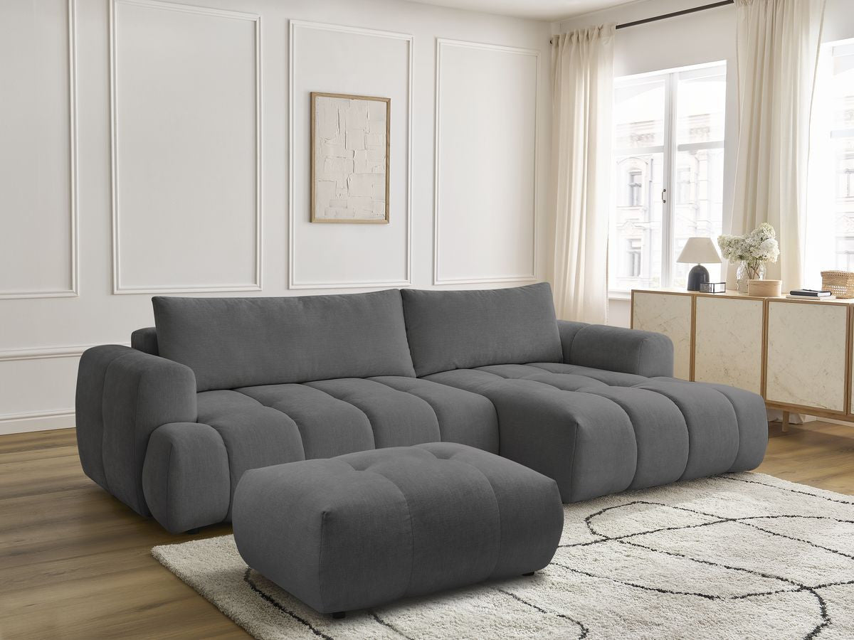 Canapé d'angle convertible FUJI tissu lisse avec pouf - Angle droit
