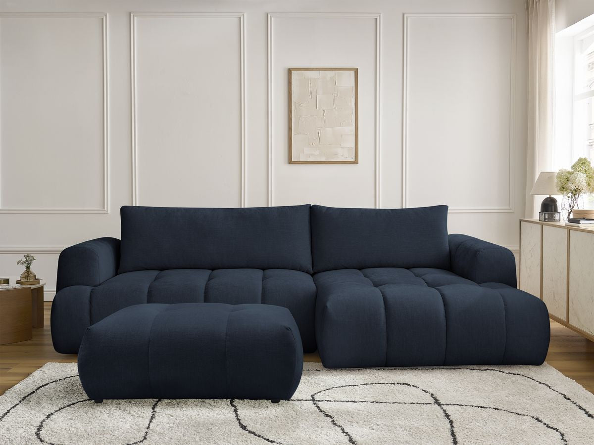 Canapé d'angle convertible FUJI tissu lisse avec pouf - Angle droit