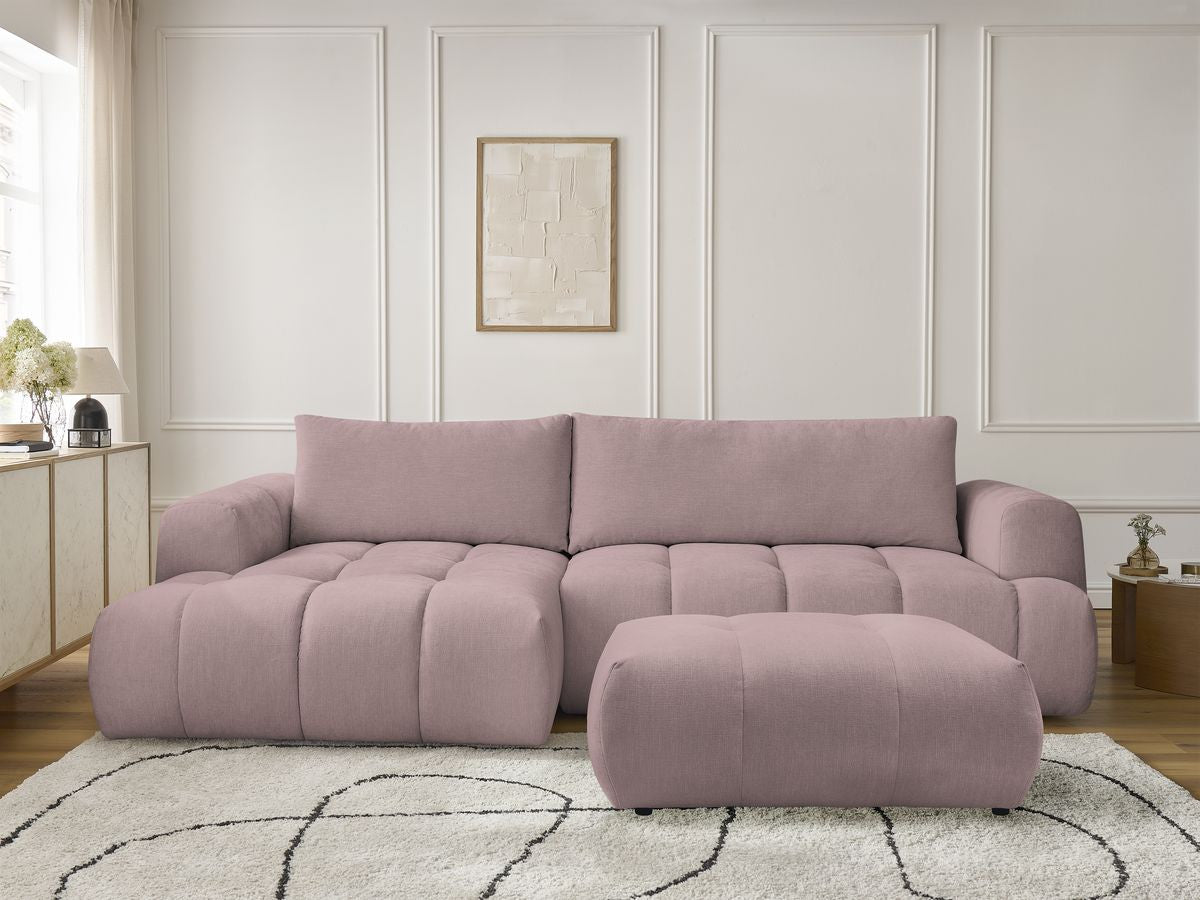 Canapé d'angle convertible FUJI tissu lisse avec pouf - Angle gauche