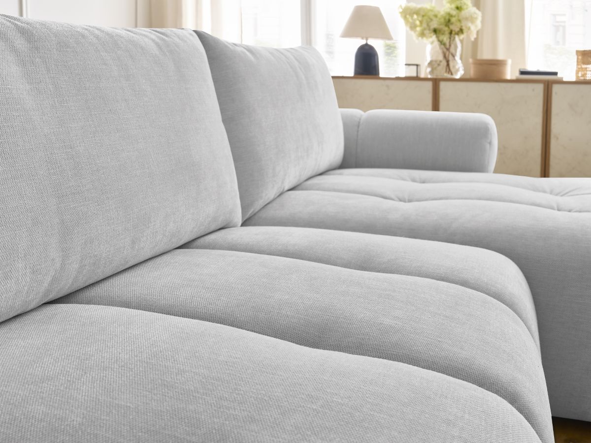 Canapé d'angle convertible FUJI tissu lisse avec pouf - Angle droit