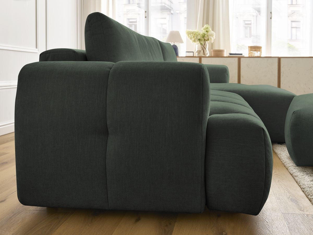 Canapé d'angle convertible FUJI tissu lisse avec pouf - Angle droit