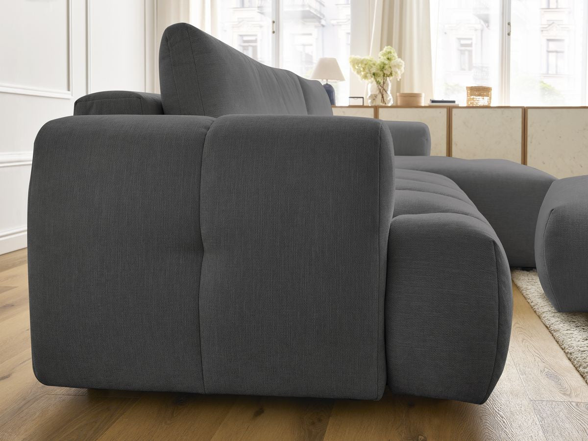 Canapé d'angle convertible FUJI tissu lisse avec pouf - Angle droit