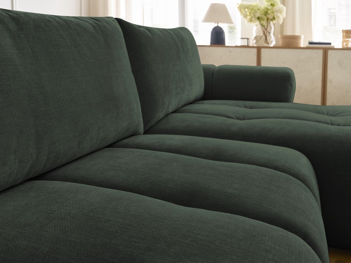 Canapé d'angle convertible FUJI tissu lisse avec pouf - Angle droit