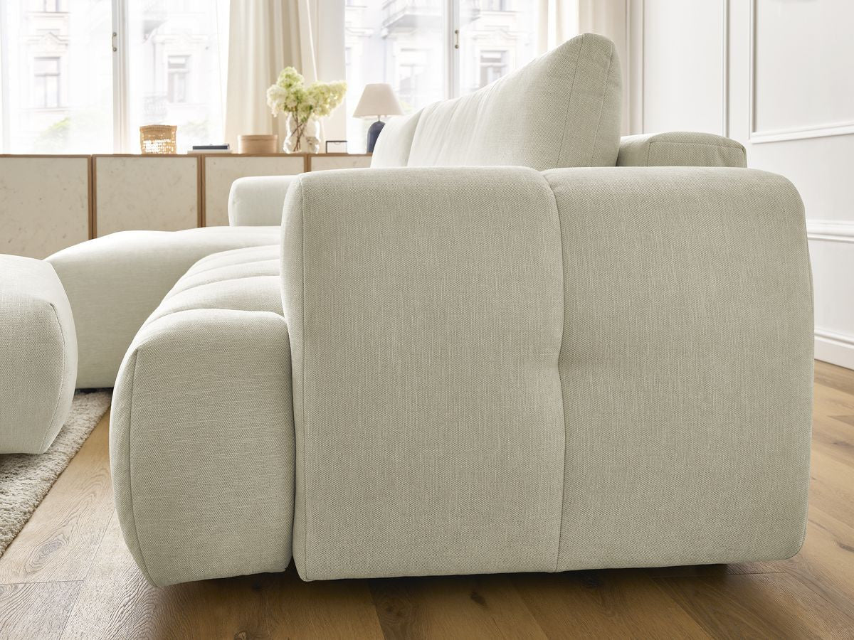 Canapé d'angle convertible FUJI tissu lisse avec pouf - Angle gauche