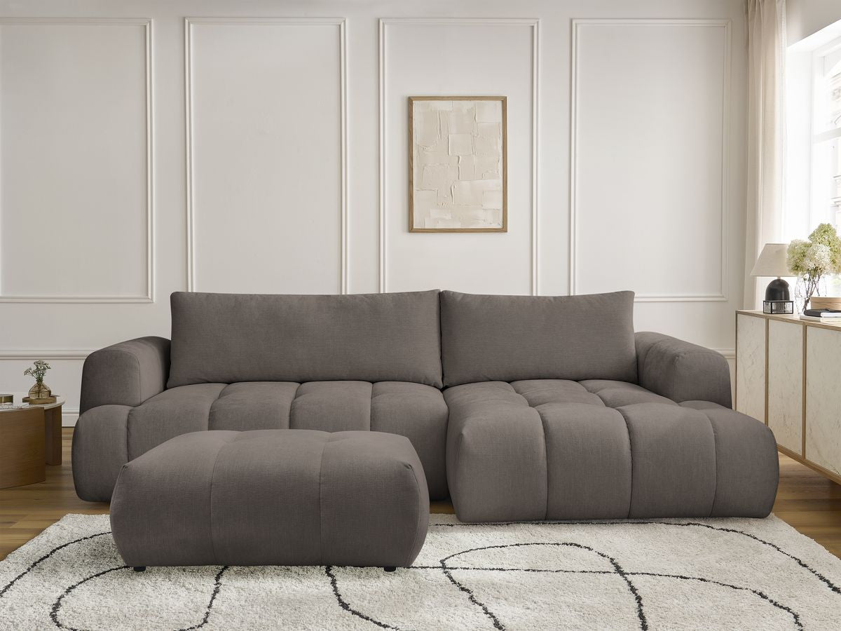 Canapé d'angle convertible FUJI tissu lisse avec pouf - Angle droit