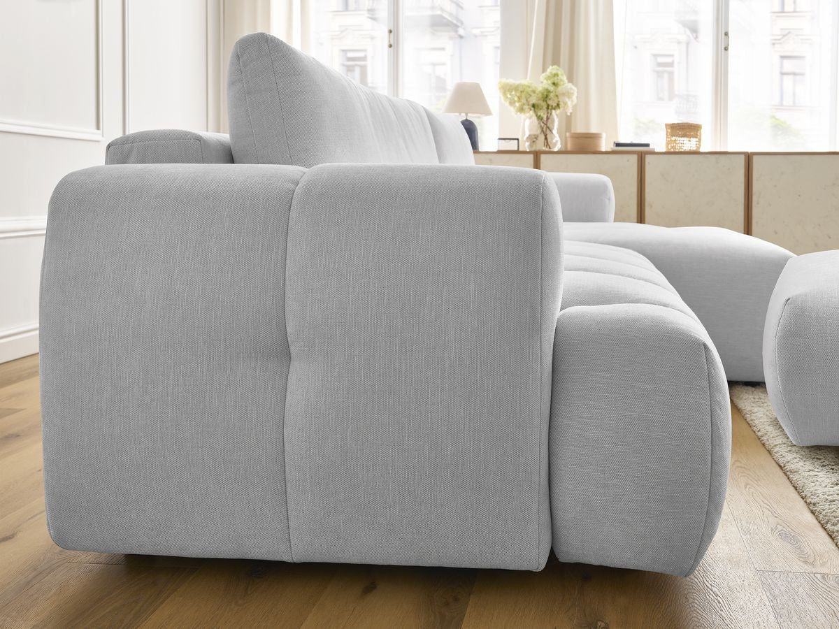 Canapé d'angle convertible FUJI tissu lisse avec pouf - Angle droit