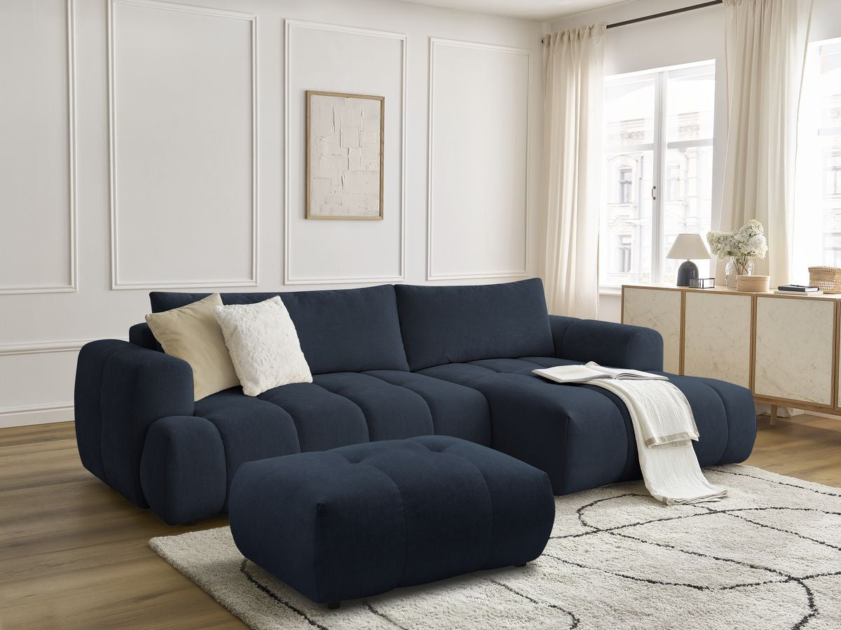 Canapé d'angle convertible FUJI tissu lisse avec pouf - Angle droit