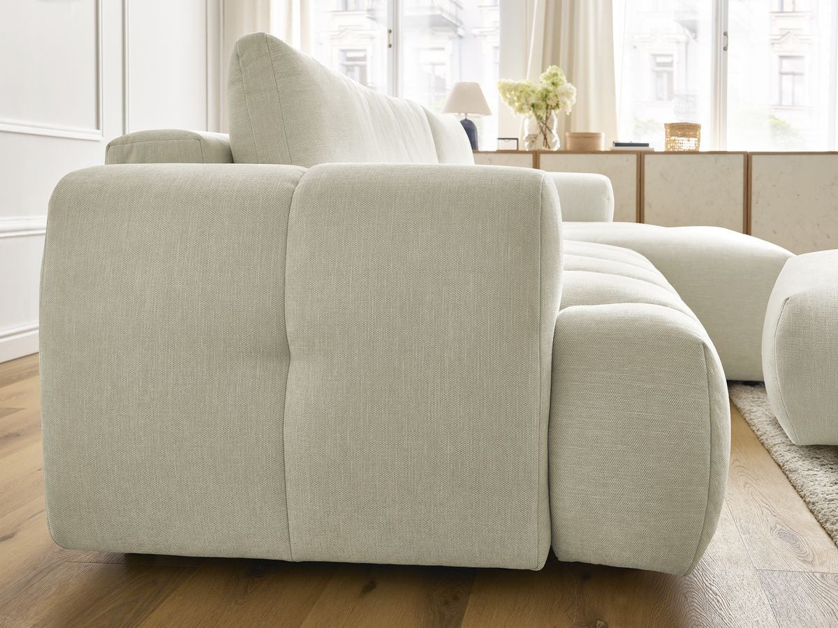 Canapé d'angle convertible FUJI tissu lisse avec pouf - Angle droit