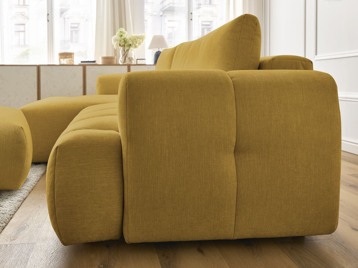 Canapé d'angle convertible FUJI tissu lisse avec pouf - Angle gauche