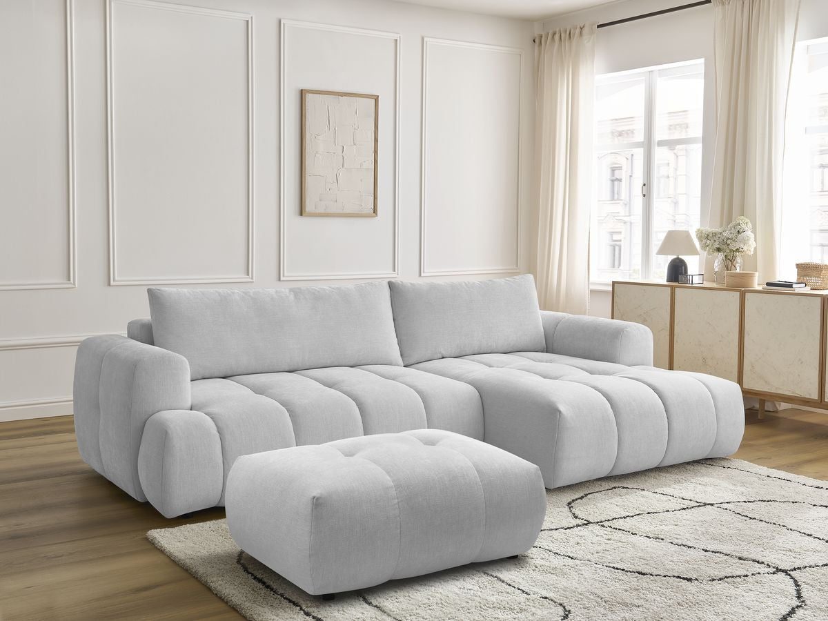 Canapé d'angle convertible FUJI tissu lisse avec pouf - Angle droit