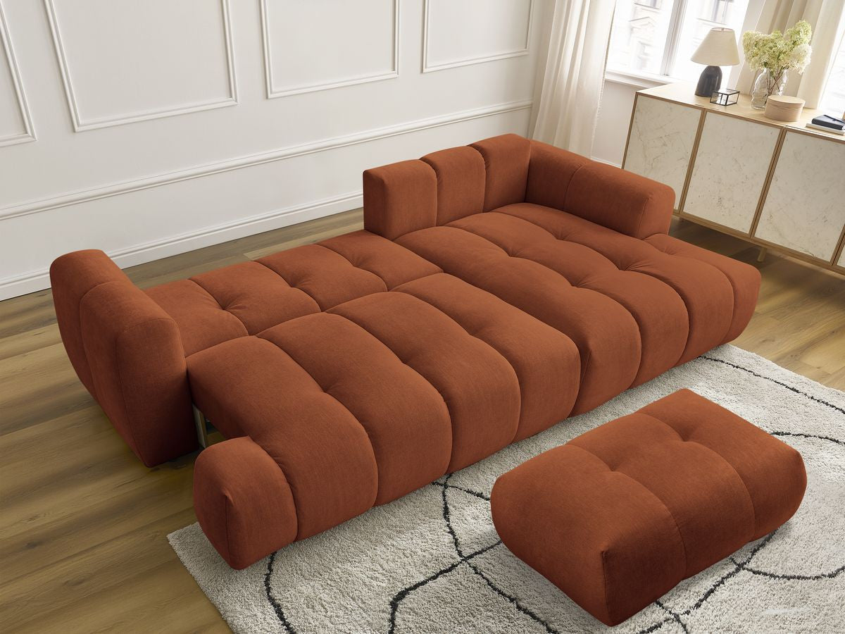 Canapé d'angle convertible FUJI tissu lisse avec pouf - Angle droit