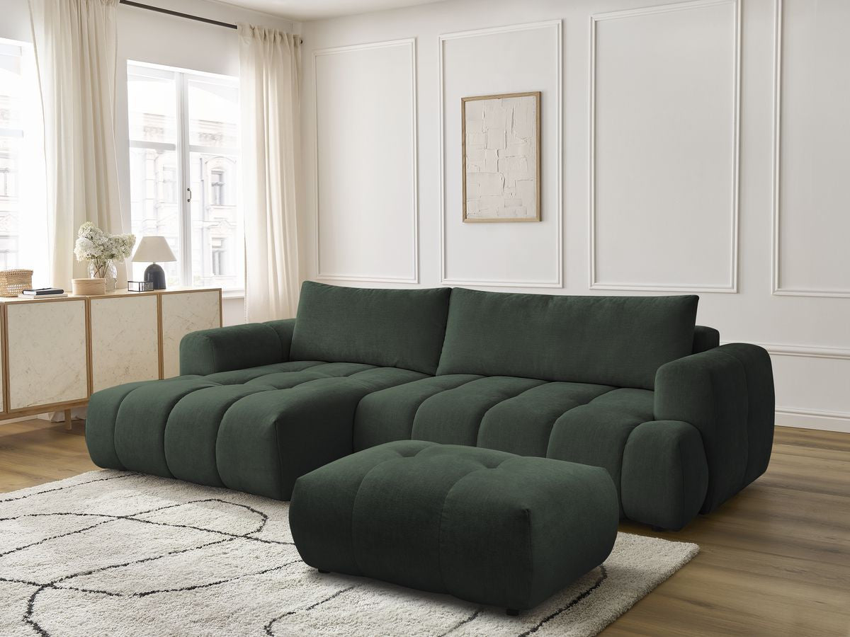 Canapé d'angle convertible FUJI tissu lisse avec pouf - Angle gauche