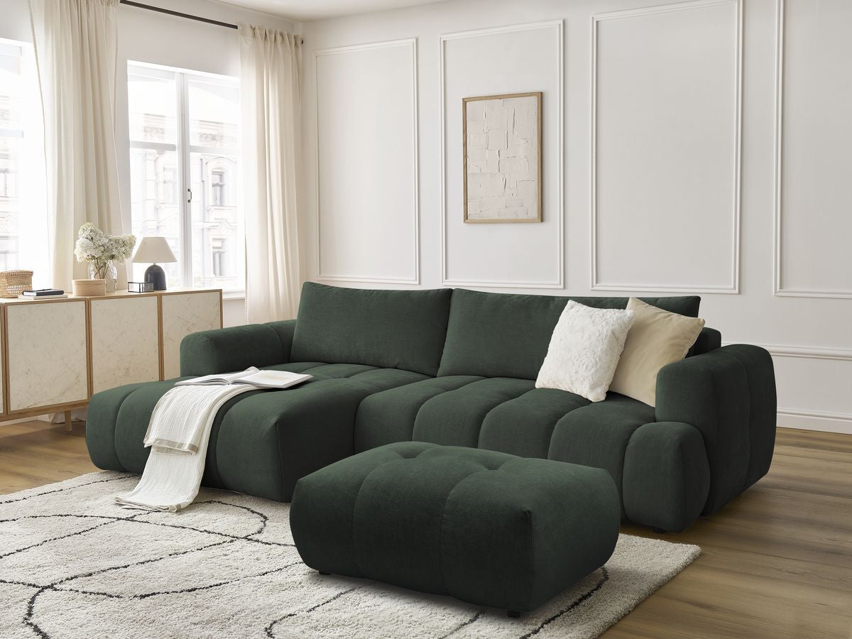 Canapé d'angle convertible FUJI tissu lisse avec pouf - Angle gauche