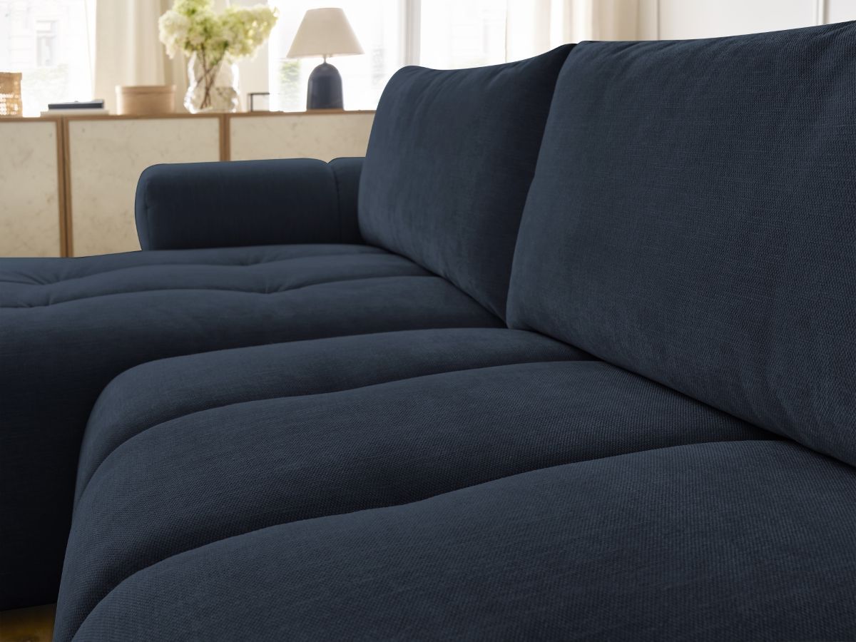 Canapé d'angle convertible FUJI tissu lisse avec pouf - Angle gauche