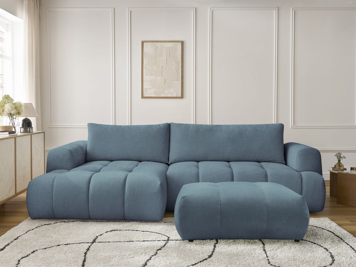 Canapé d'angle convertible FUJI tissu lisse avec pouf - Angle gauche
