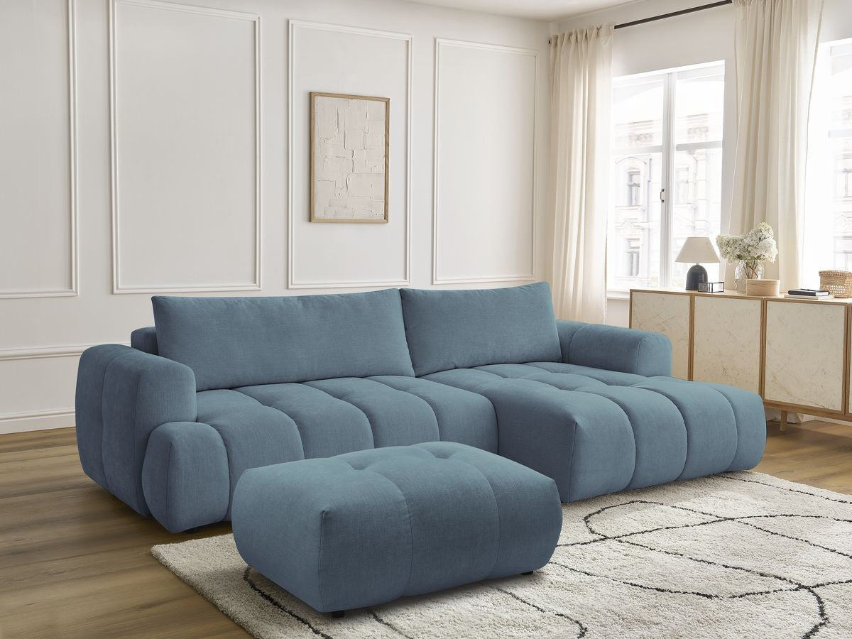 Canapé d'angle convertible FUJI tissu lisse avec pouf - Angle droit