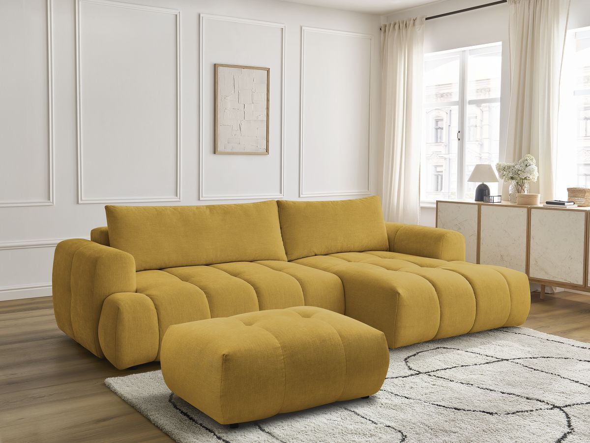 Canapé d'angle convertible FUJI tissu lisse avec pouf - Angle droit