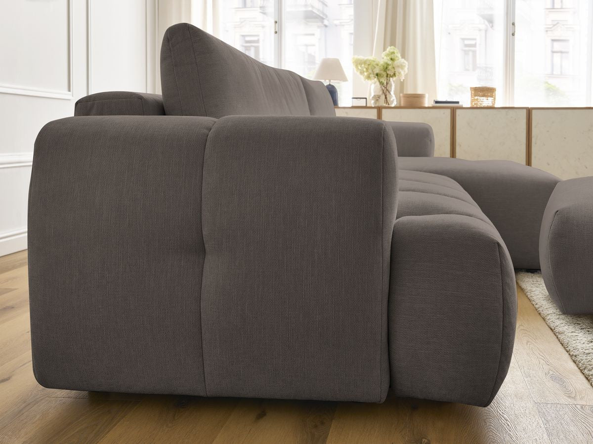 Canapé d'angle convertible FUJI tissu lisse avec pouf - Angle droit