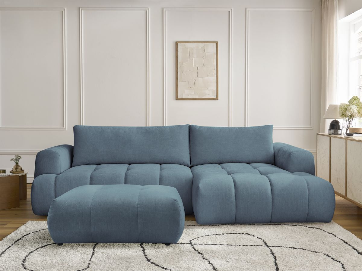 Canapé d'angle convertible FUJI tissu lisse avec pouf - Angle droit