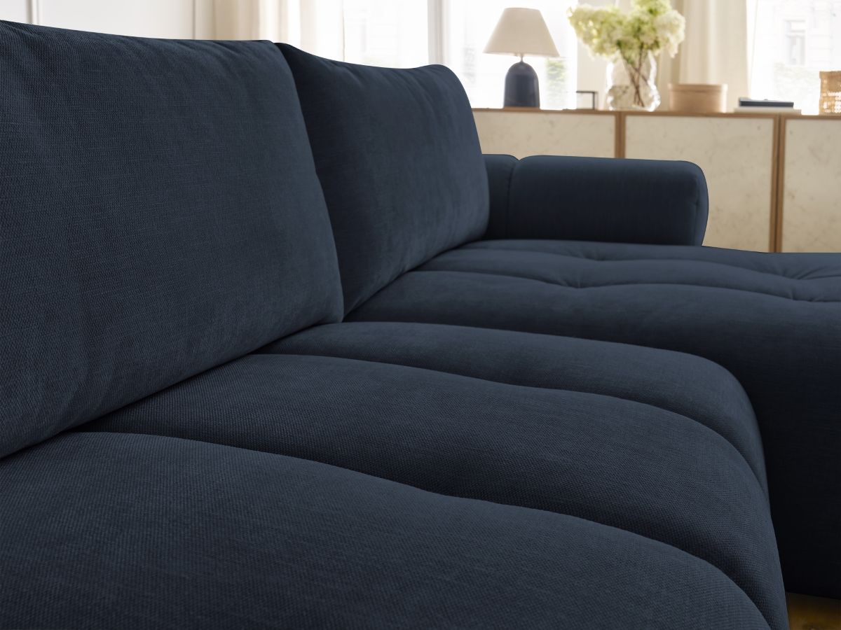 Canapé d'angle convertible FUJI tissu lisse avec pouf - Angle droit
