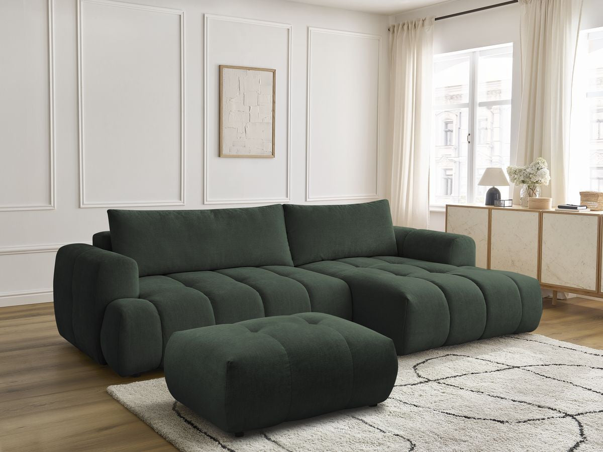 Canapé d'angle convertible FUJI tissu lisse avec pouf - Angle droit