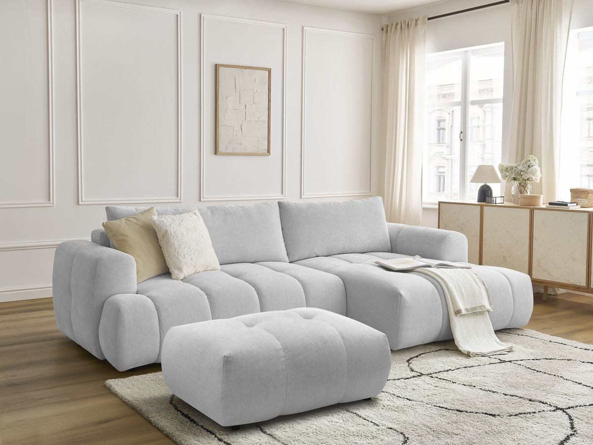 Canapé d'angle convertible FUJI tissu lisse avec pouf - Angle droit