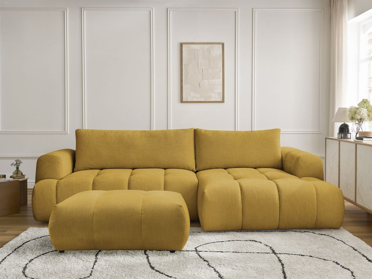 Canapé d'angle convertible FUJI tissu lisse avec pouf - Angle droit