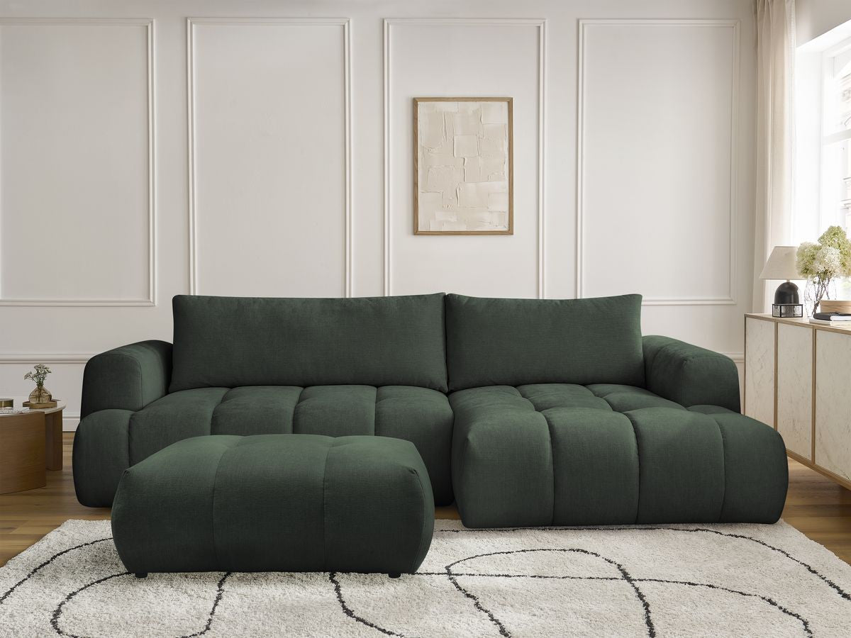 Canapé d'angle convertible FUJI tissu lisse avec pouf - Angle droit