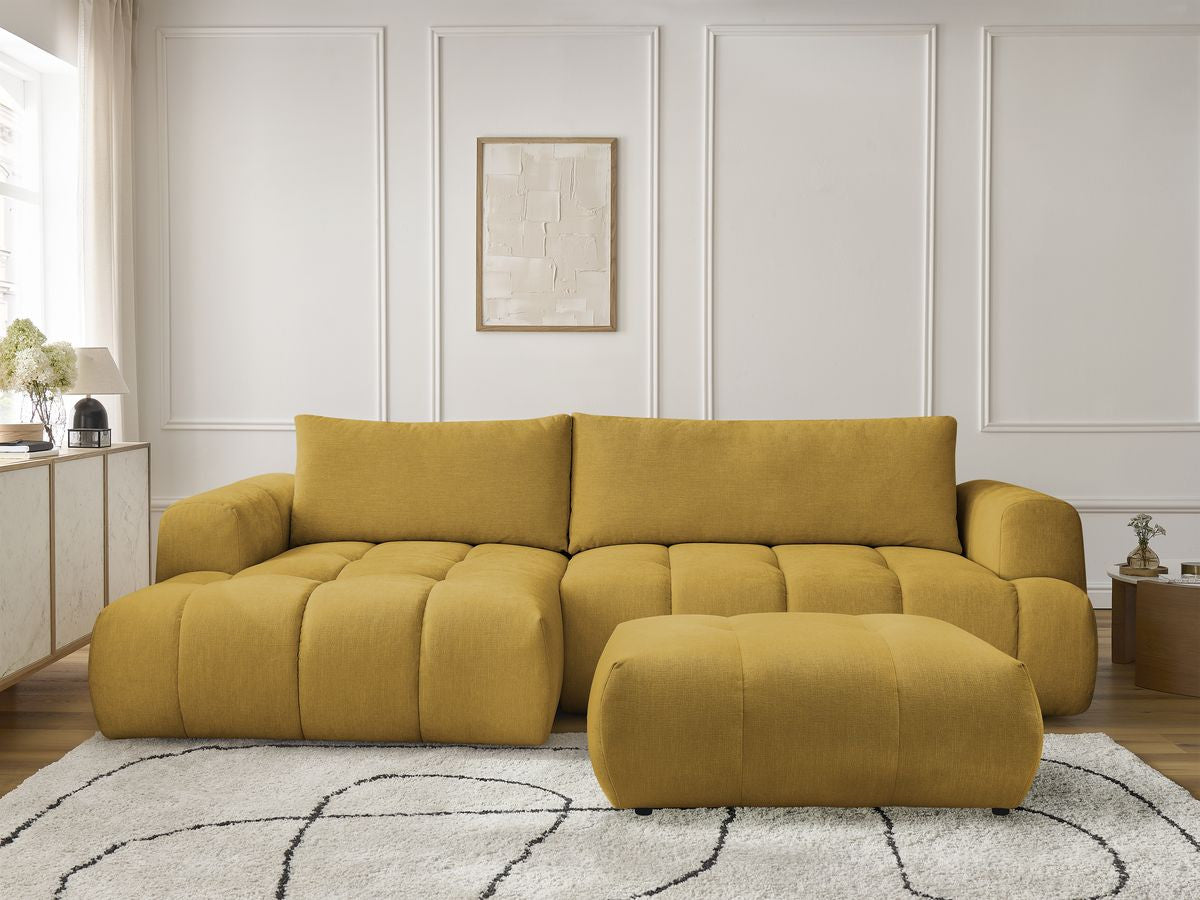 Canapé d'angle convertible FUJI tissu lisse avec pouf - Angle gauche