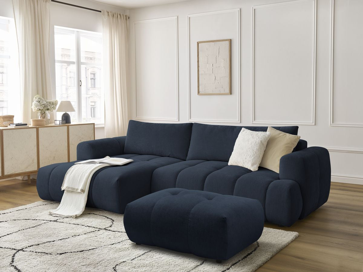 Canapé d'angle convertible FUJI tissu lisse avec pouf - Angle gauche