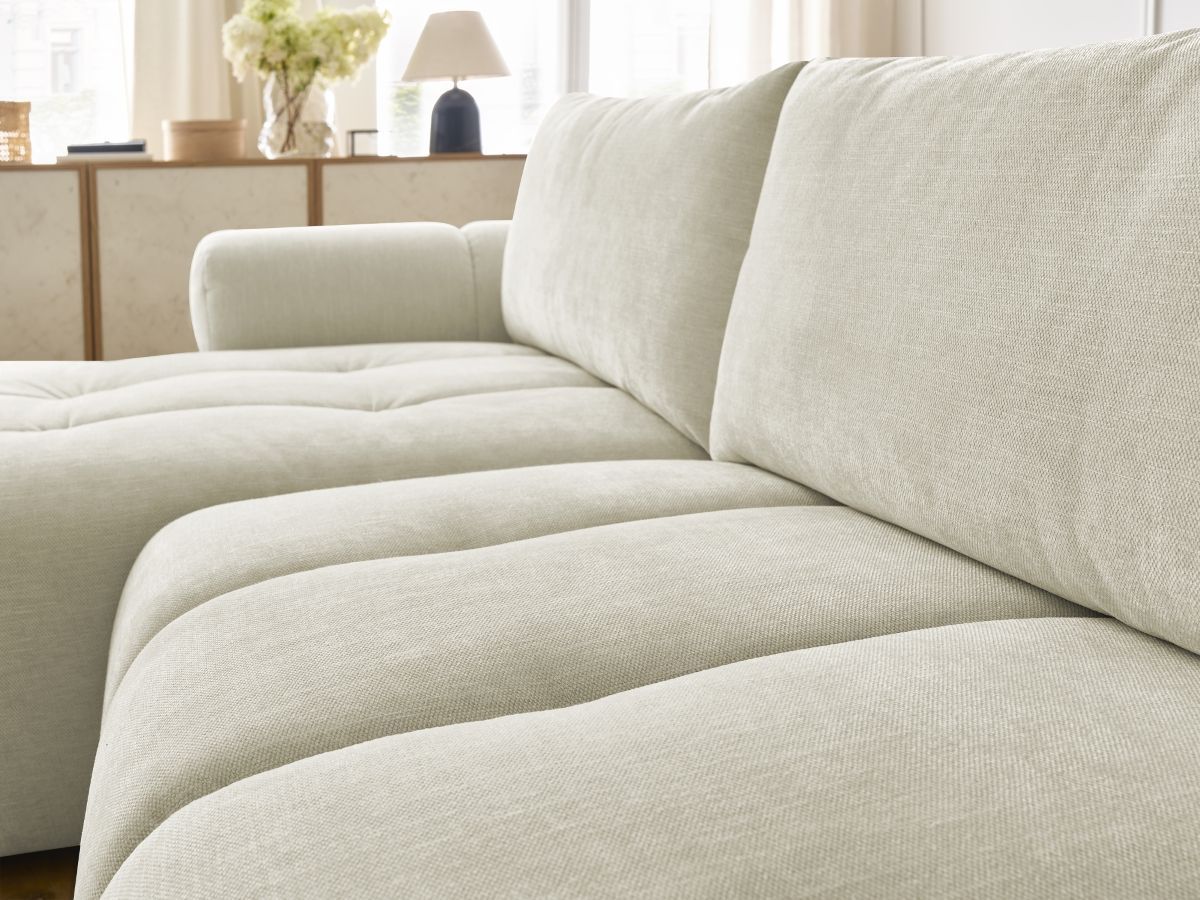 Canapé d'angle convertible FUJI tissu lisse avec pouf - Angle gauche