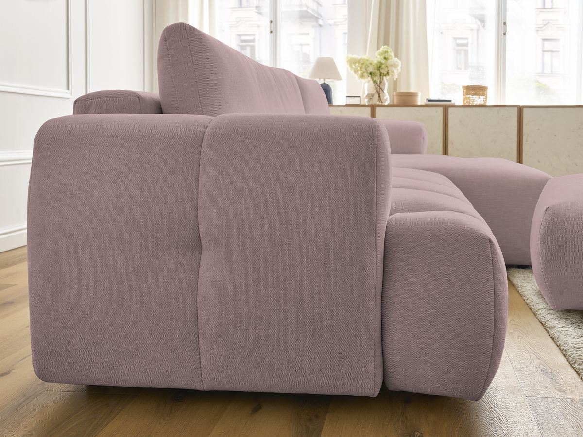 Canapé d'angle convertible FUJI tissu lisse avec pouf - Angle droit