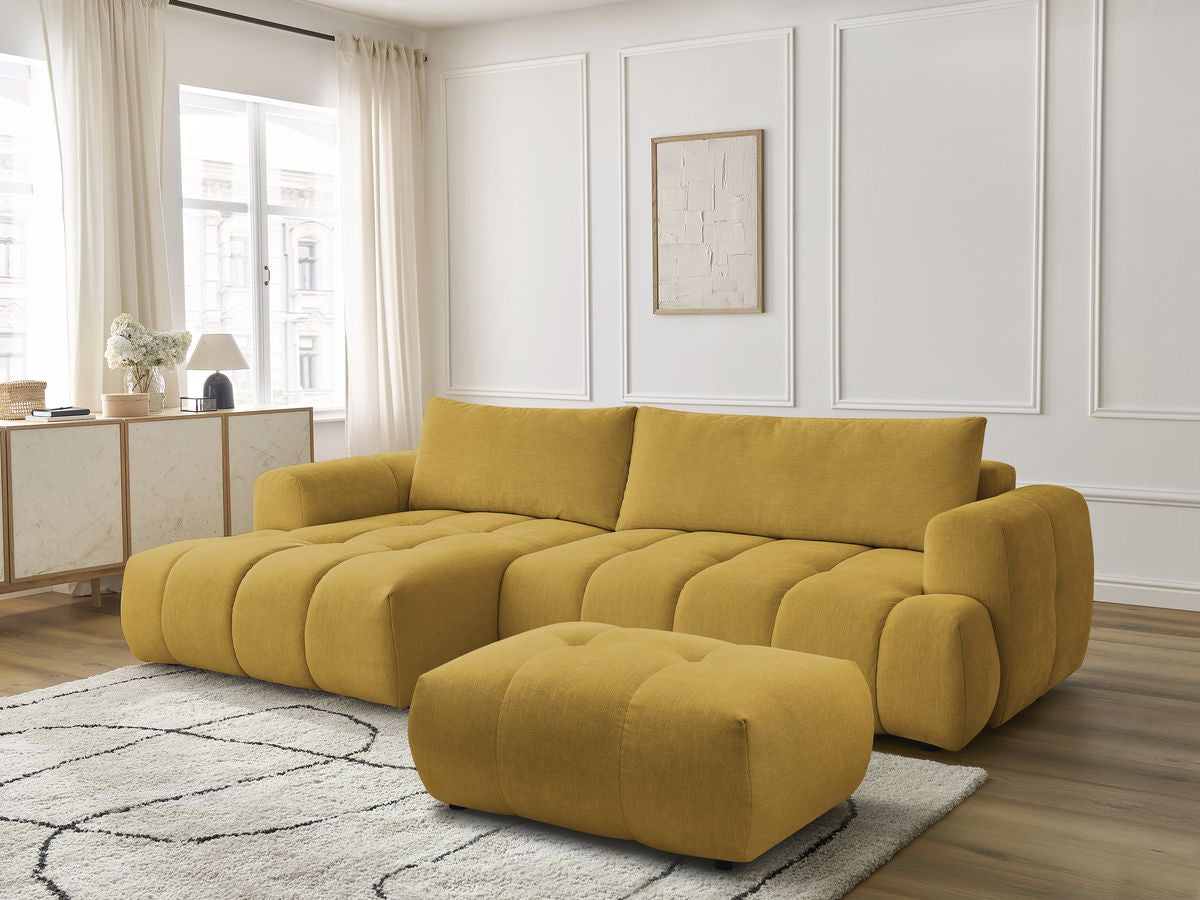 Canapé d'angle convertible FUJI tissu lisse avec pouf - Angle gauche