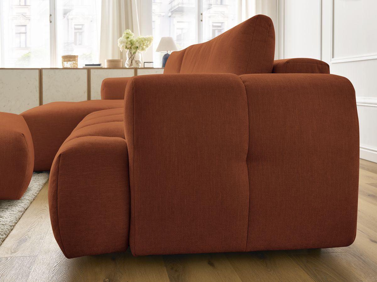 Canapé d'angle convertible FUJI tissu lisse avec pouf - Angle gauche