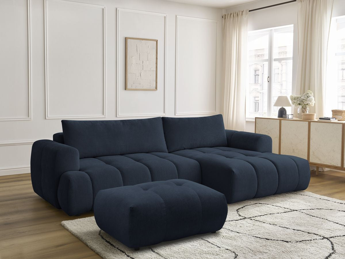 Canapé d'angle convertible FUJI tissu lisse avec pouf - Angle droit