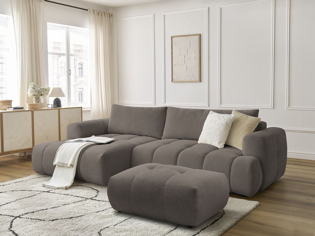Canapé d'angle convertible FUJI tissu lisse avec pouf - Angle gauche