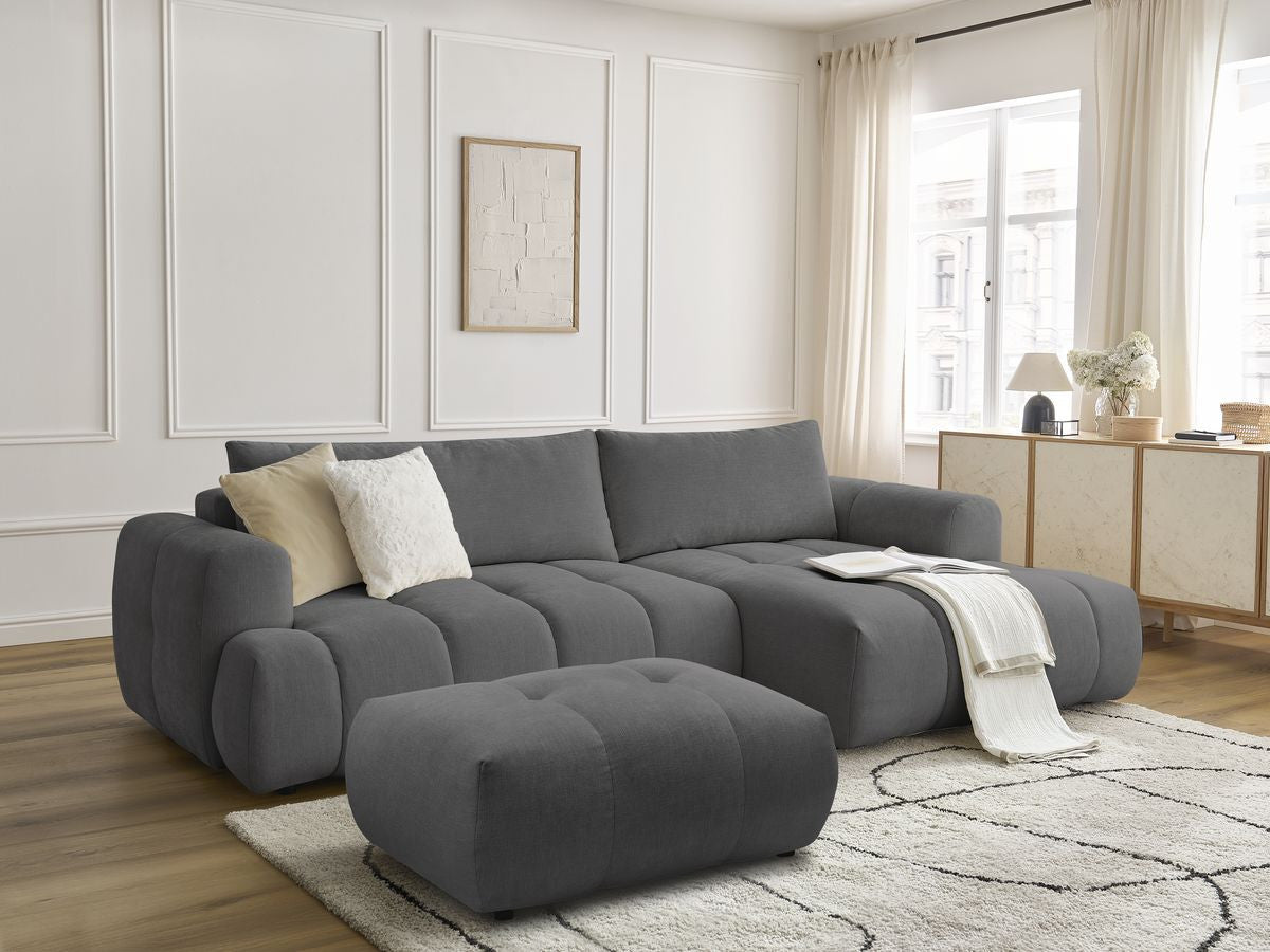 Canapé d'angle convertible FUJI tissu lisse avec pouf - Angle droit