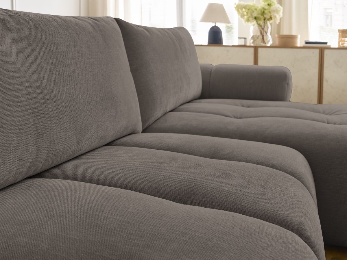Canapé d'angle convertible FUJI tissu lisse avec pouf - Angle droit
