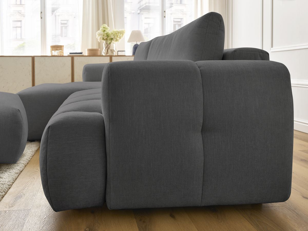 Canapé d'angle convertible FUJI tissu lisse avec pouf - Angle gauche