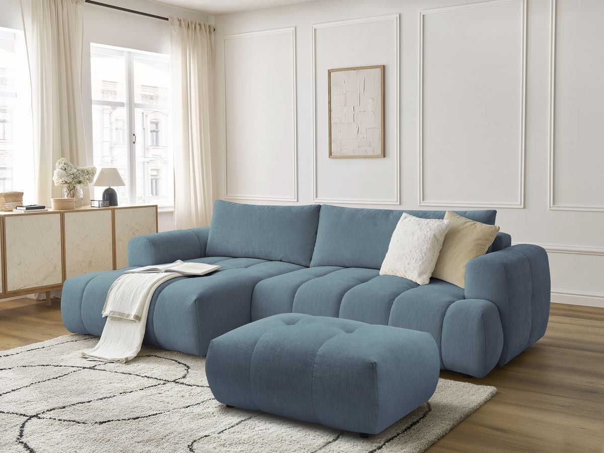 Canapé d'angle convertible FUJI tissu lisse avec pouf - Angle gauche