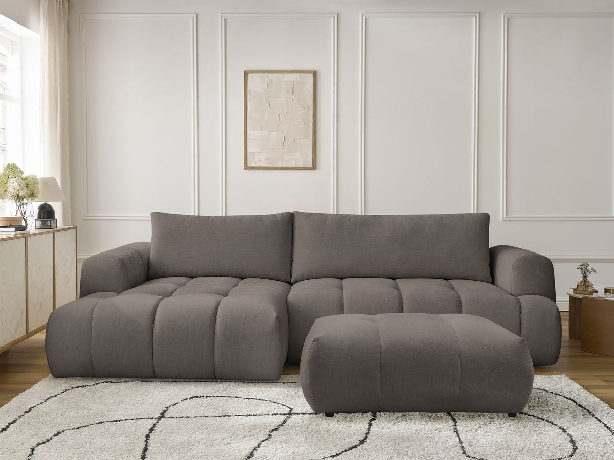 Canapé d'angle convertible FUJI tissu lisse avec pouf - Angle gauche